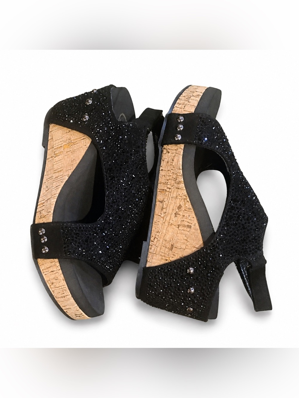 BRAND NEW WITH TAGS Black Rhinestone Slingback Cork Wedge Sandals